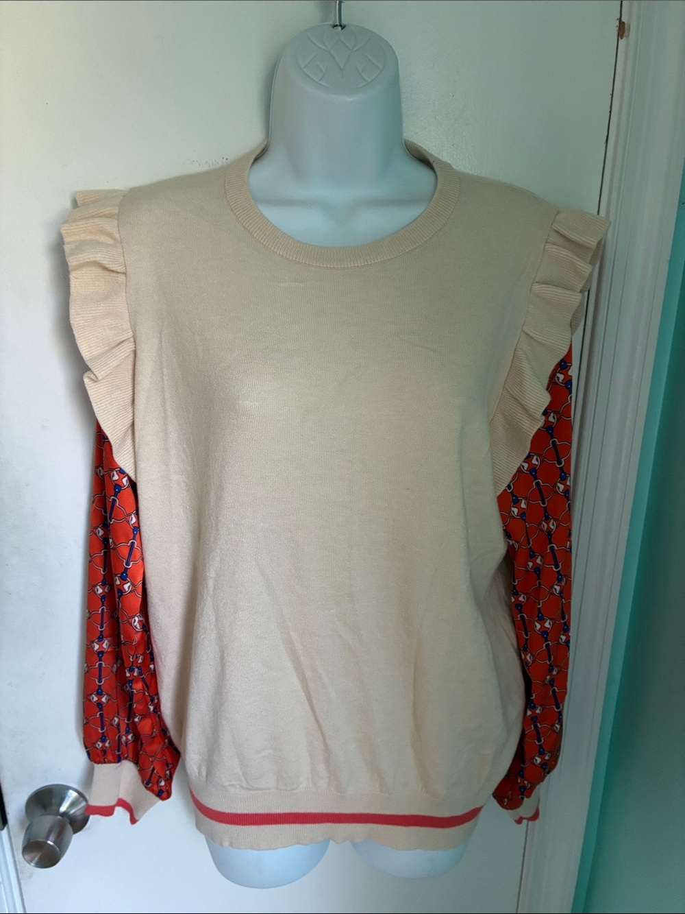 THML Ruffled Sleeve sweater with Patterned sleeves mixed media